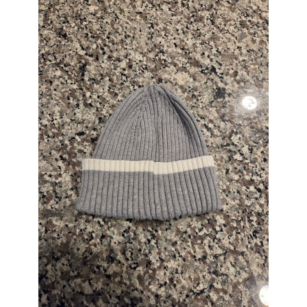 Time and Tru Beanie Hat Womens OS Grey White Striped Ribbed Knit Cuff Cap